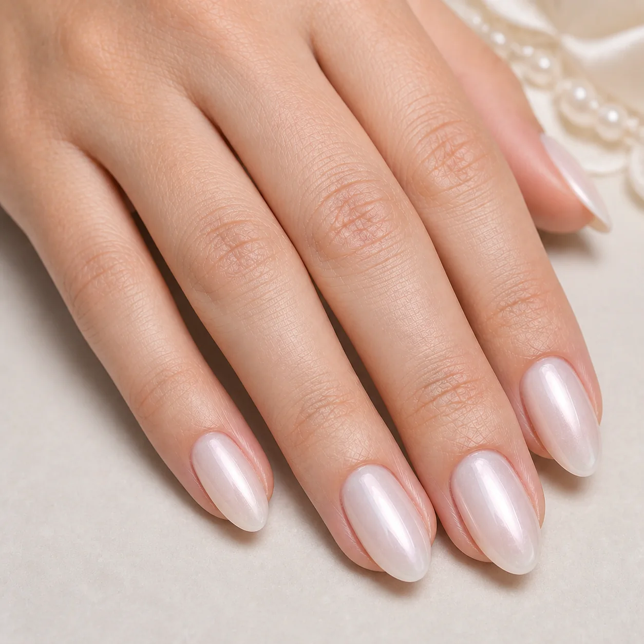 Bridal milky pearl nails with soft sheen