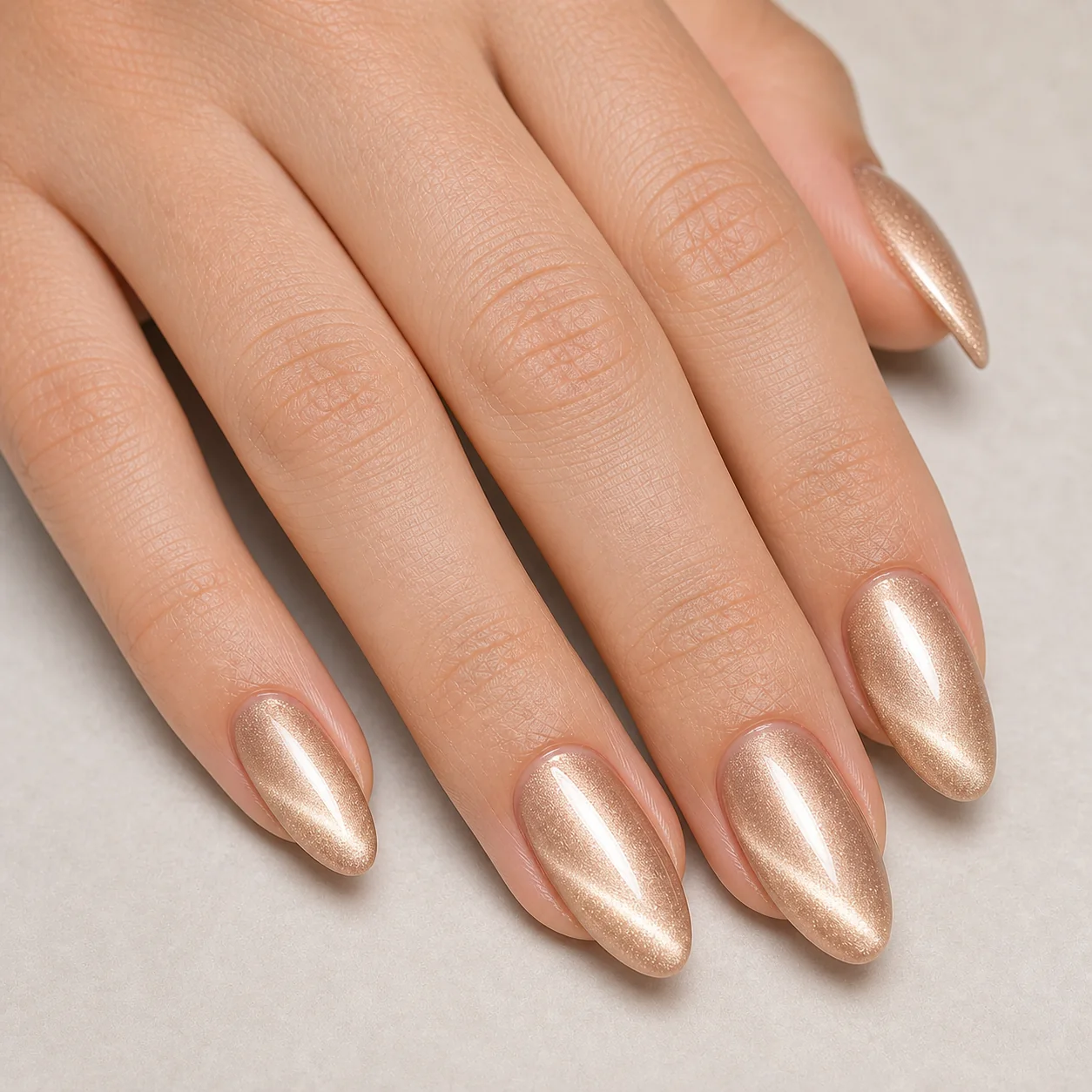 Champagne velvet cat eye nails on almond nails