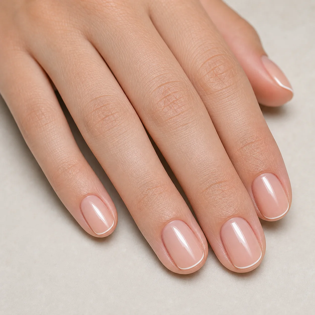 Nude micro French nails with very thin white tips