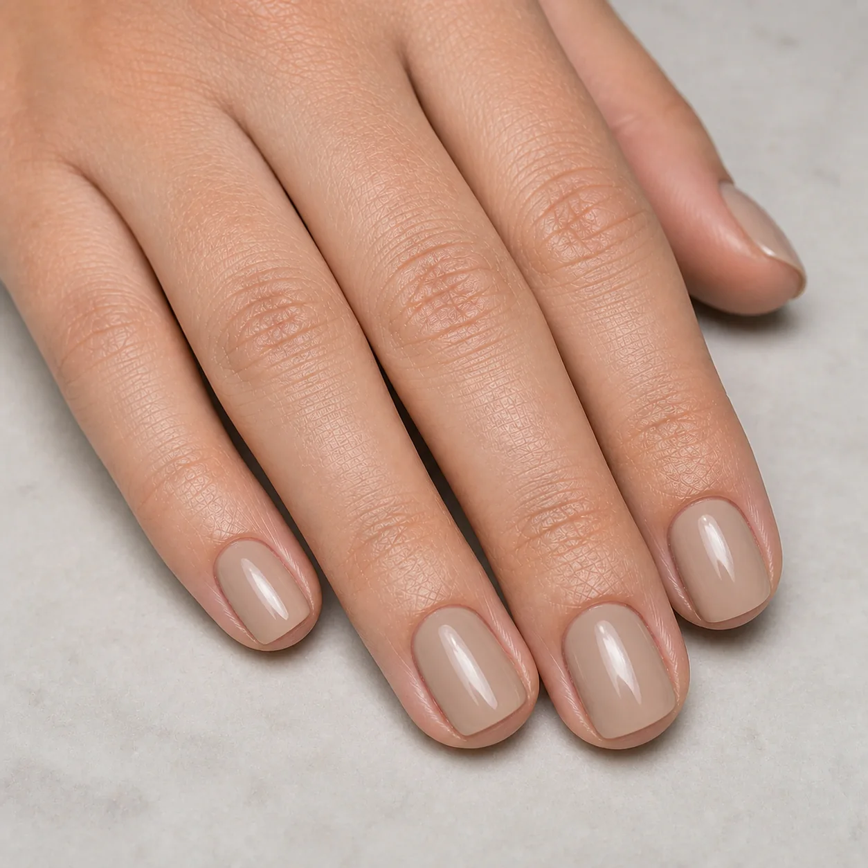 Short nude squoval nails with a clean finish